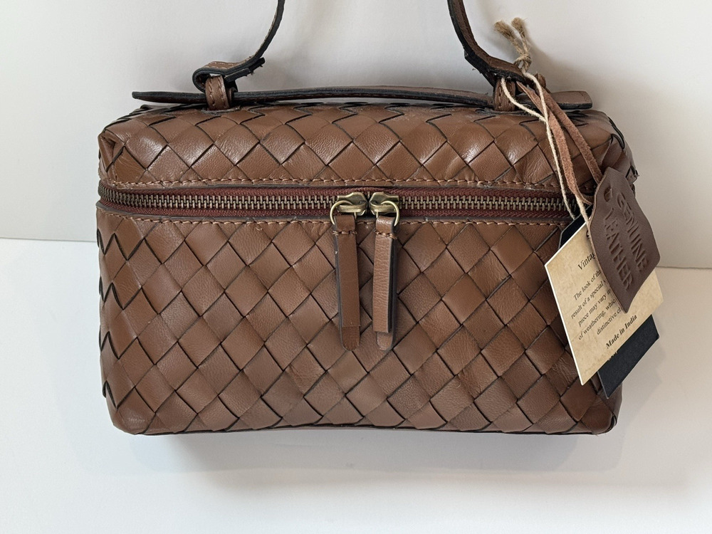 New Genuine Leather Brown Woven Crossbody Bag Vintage Look